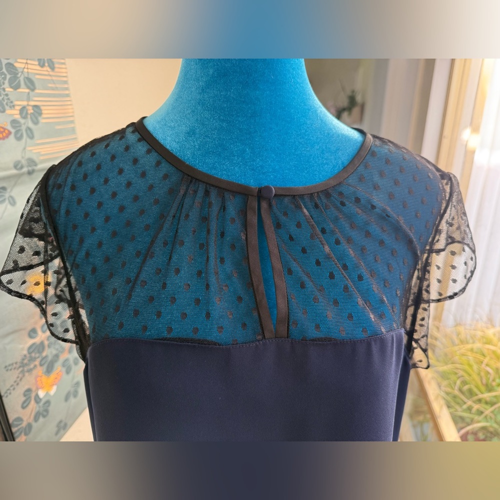 J. Crew Navy Blue Sheer Polka Dot Flutter Sleeve Blouse - Dry Cleaned - Picture 3 of 7